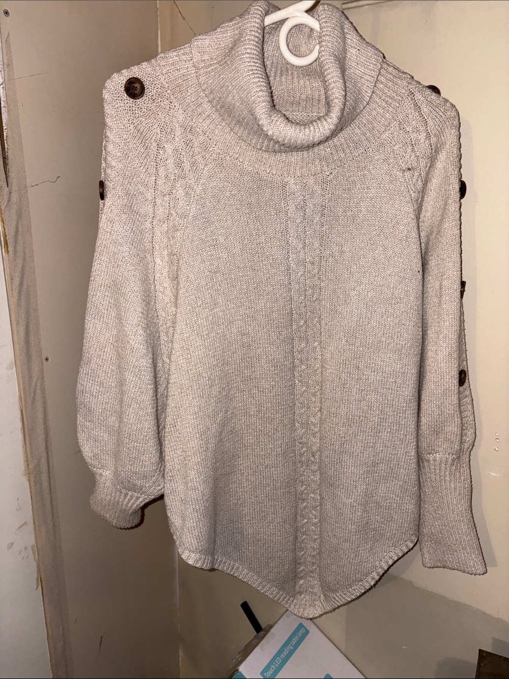 Turtleneck Button-Shoulder Knit Poncho Sweater - Beige